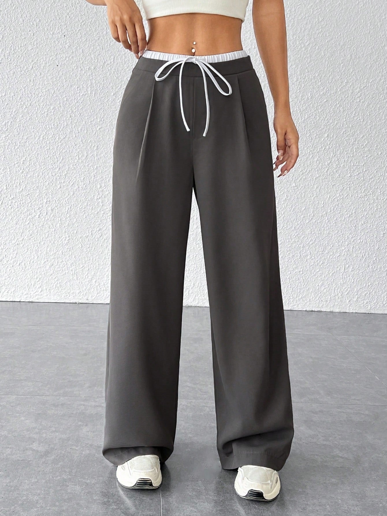 Women’s Dark Grey Wide-Leg Pants High-Waist Drawstring Casual Loose Trousers Comfortable Everyday Wear (S-XL)