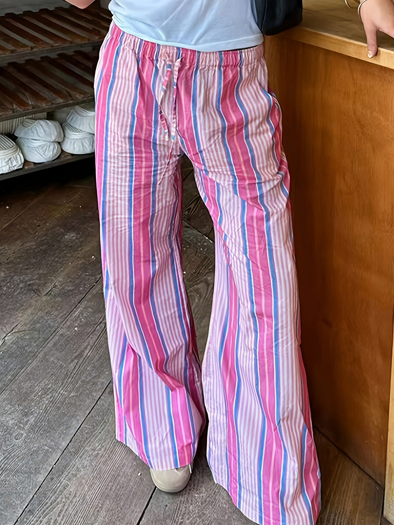 Women’s Multicolor Vertical Stripe Wide-Leg Pants High-Waist Elastic Drawstring Loose Casual Trousers Fashionable Slimming Look (S-XL)