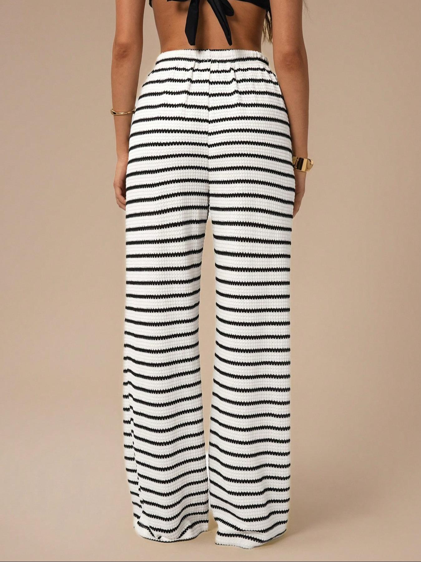 Women’s Black and White Striped Knit Wide-Leg Pants High-Waist Loose Drawstring Casual Trousers Comfortable Everyday Wear (S-XL)