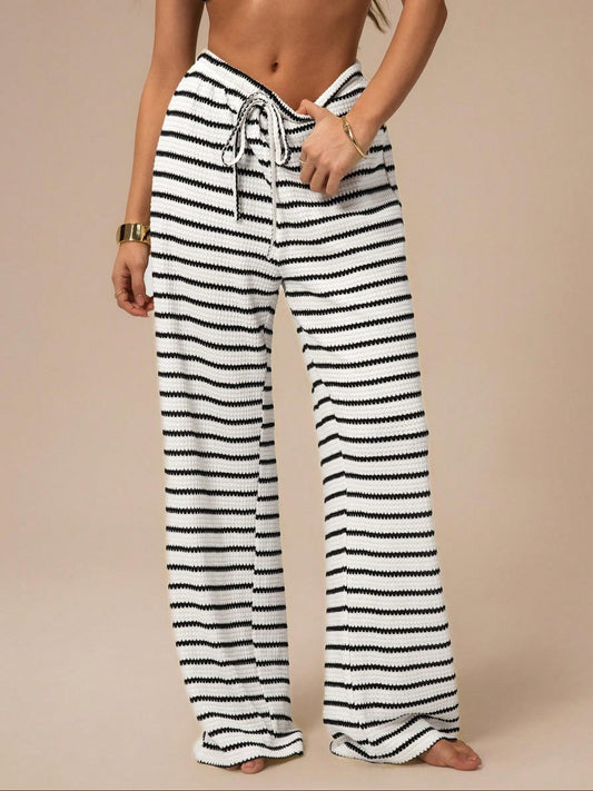 Women’s Black and White Striped Knit Wide-Leg Pants High-Waist Loose Drawstring Casual Trousers Comfortable Everyday Wear (S-XL)