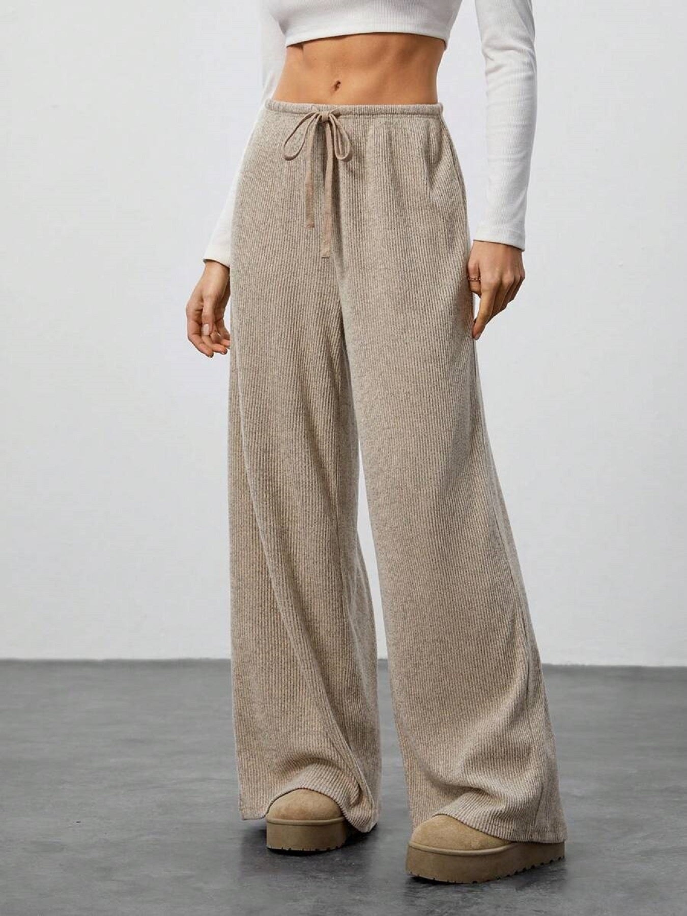 Women’s Knitted Wide-Leg Pants Casual Loose Trousers with Drawstring Elastic Waist Soft Comfortable Wear (S-XL)