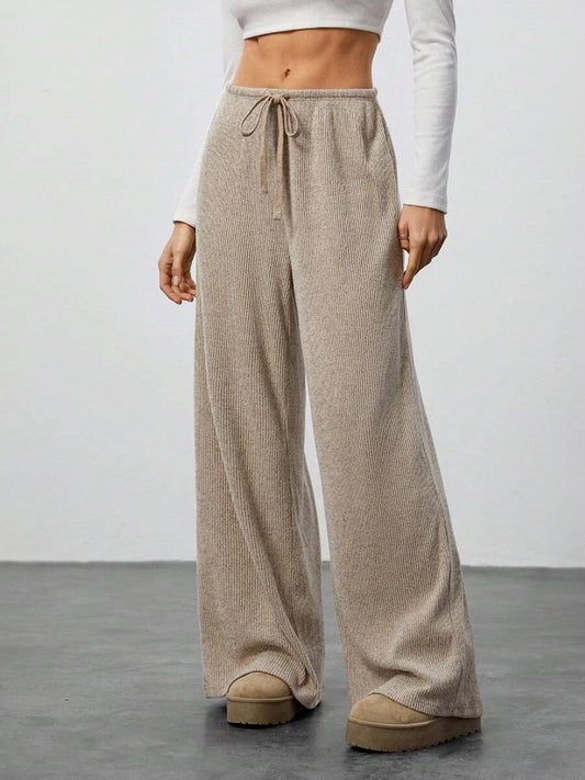 Women’s Knitted Wide-Leg Pants Casual Loose Trousers with Drawstring Elastic Waist Soft Comfortable Wear (S-XL)