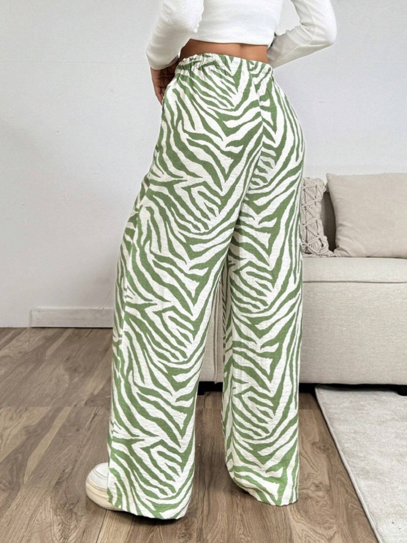 Women’s Green Zebra Print Wide-Leg Pants High-Waist Loose Casual Trousers with Elastic Drawstring Waist (S-XL)