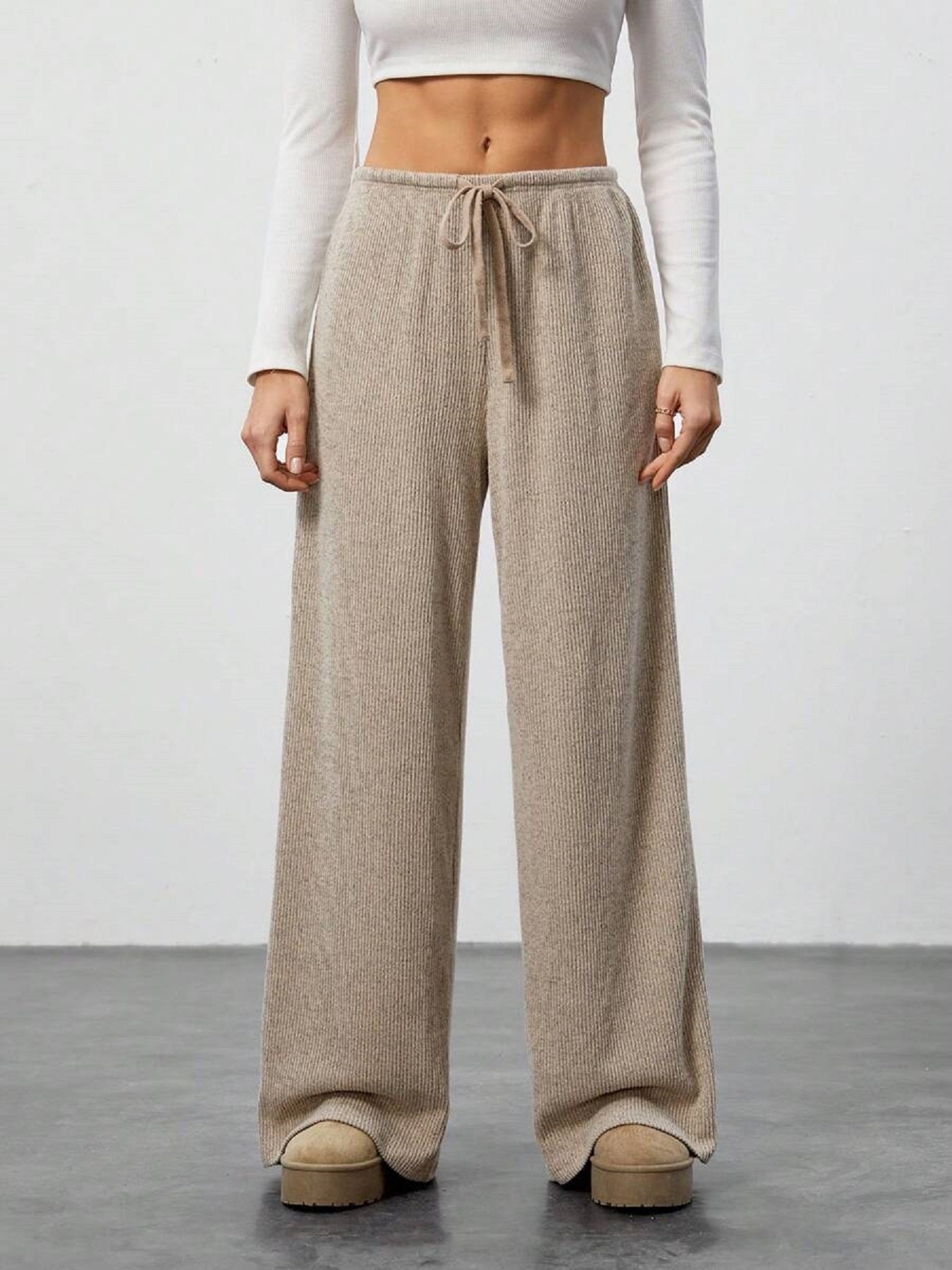 Women’s Knitted Wide-Leg Pants Casual Loose Trousers with Drawstring Elastic Waist Soft Comfortable Wear (S-XL)