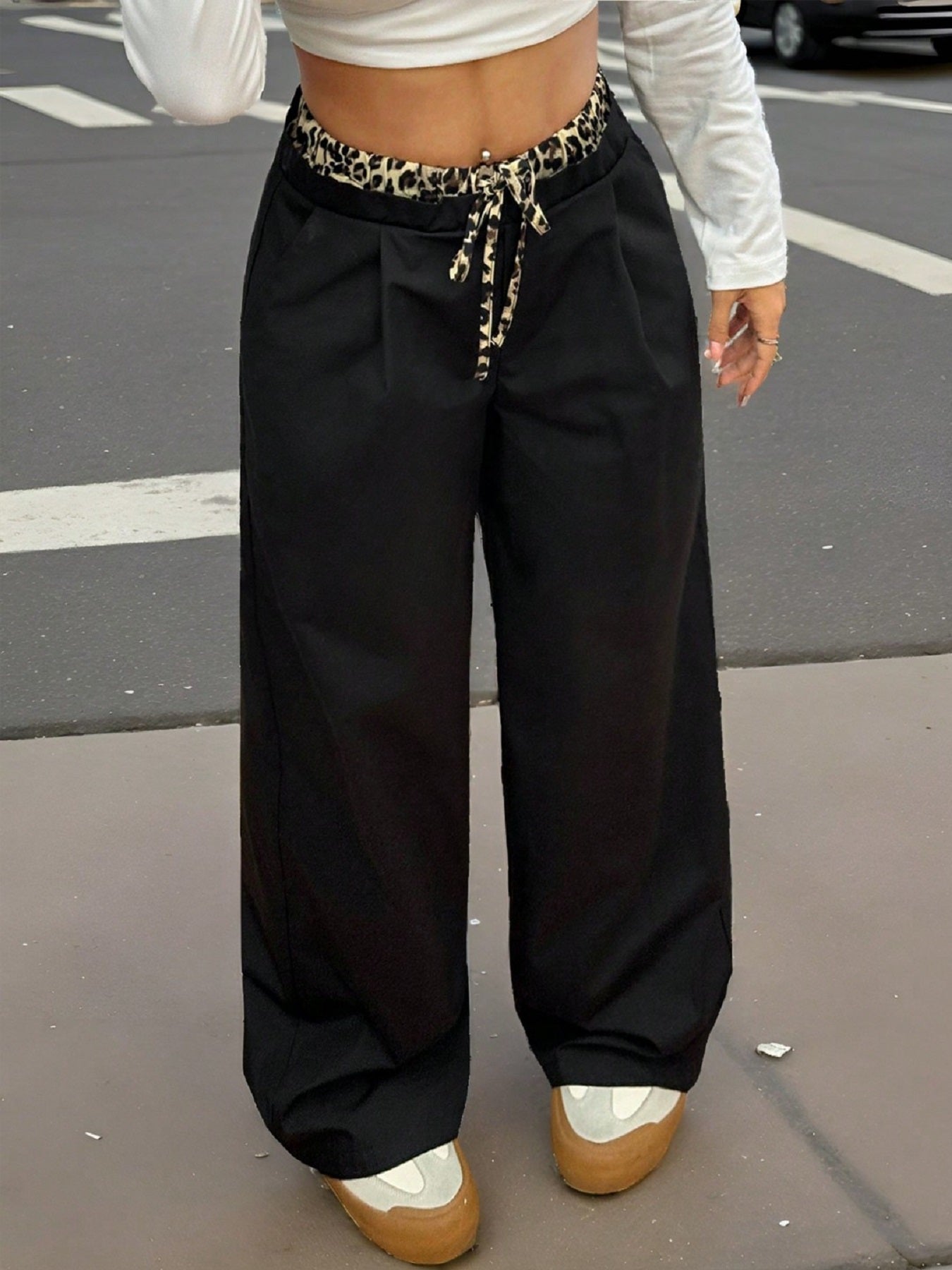Women’s Black Wide-Leg Pants with Leopard Print Drawstring High-Waist Loose Casual Trousers Stylish Everyday Wear (S-XL)