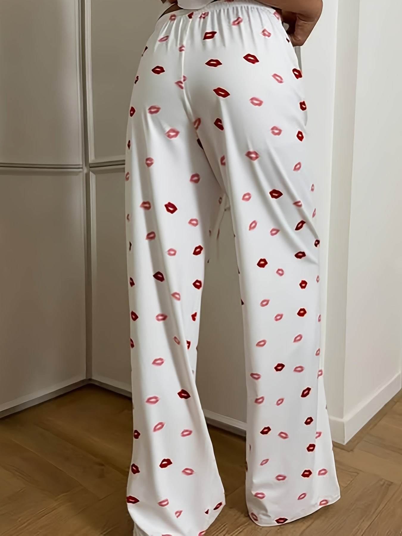 Women’s Printed Wide-Leg Pants White Casual Drawstring Trousers Loose Elastic Waist Lounge Wear (S-XL)