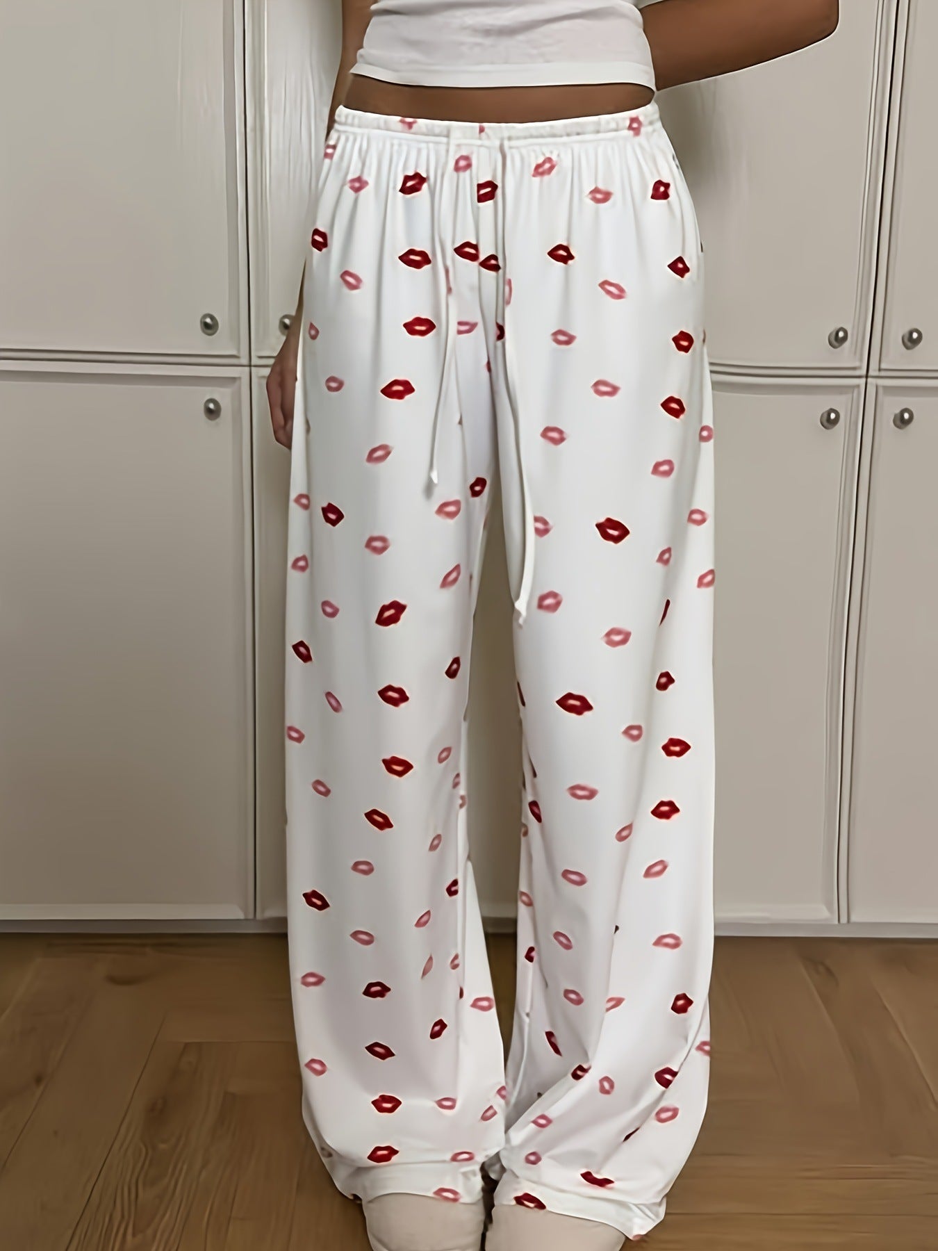 Women’s Printed Wide-Leg Pants White Casual Drawstring Trousers Loose Elastic Waist Lounge Wear (S-XL)