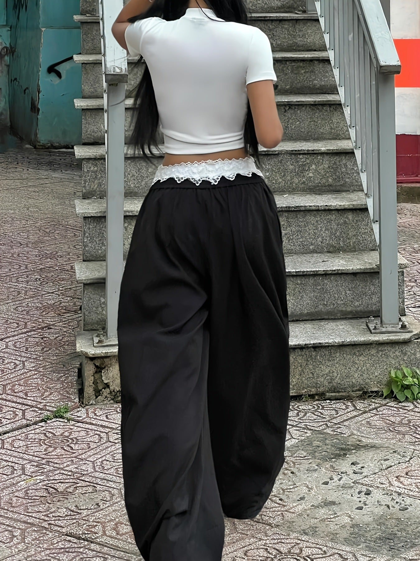 Women’s Lace-Trim Wide-Leg Pants High-Waist Loose Trousers with Bow Detail Casual Comfortable Wear (S-XL)
