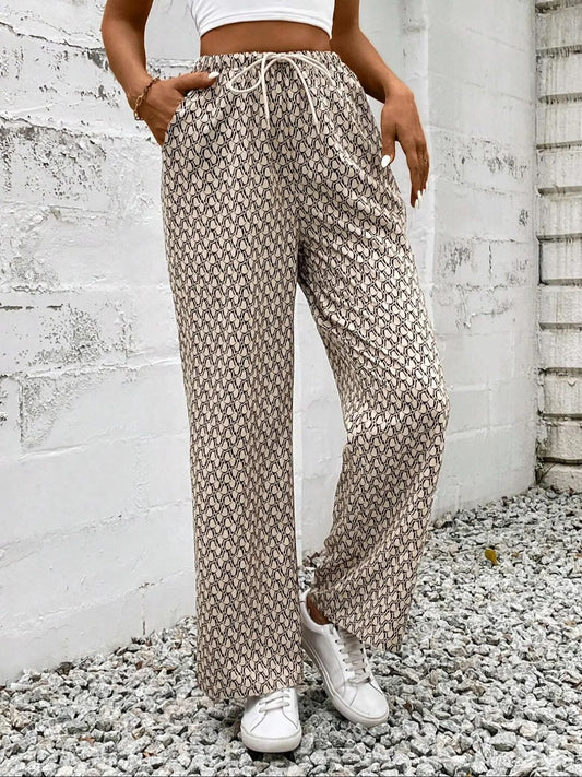 Women’s Printed Drawstring Wide-Leg Pants Summer High-Waist Casual Loose Trousers Lightweight Geometric Pattern (S-XL)