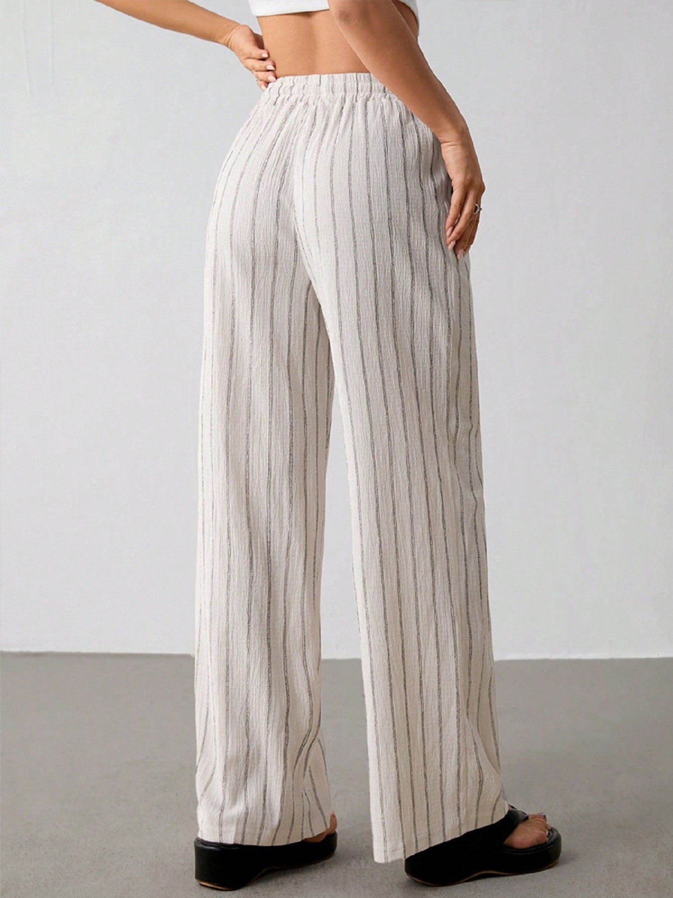 Women’s Striped Knit Wide-Leg Pants High-Waist Loose Drawstring Trousers Casual Comfortable Everyday Wear (S-XL)