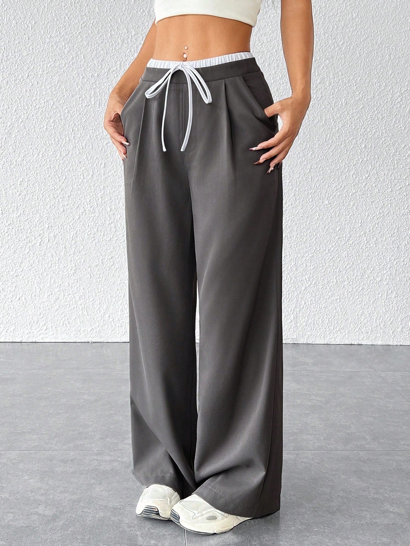 Women’s Dark Grey Wide-Leg Pants High-Waist Drawstring Casual Loose Trousers Comfortable Everyday Wear (S-XL)
