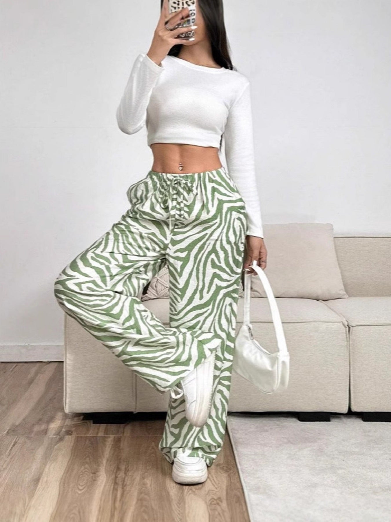 Women’s Green Zebra Print Wide-Leg Pants High-Waist Loose Casual Trousers with Elastic Drawstring Waist (S-XL)