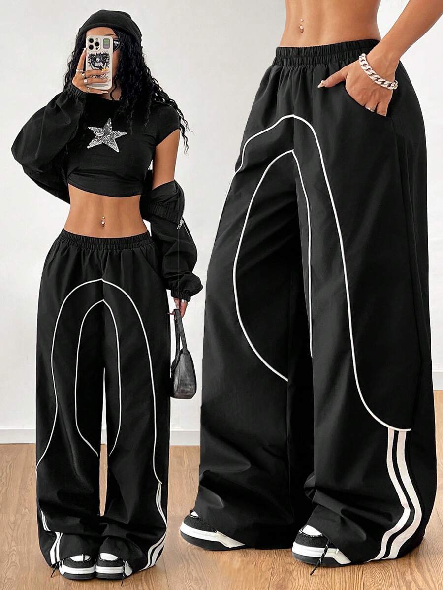 Women’s Black Wide-Leg Pants Loose High-Waist Casual Trousers with White Stitching Line Detail (S-XL)