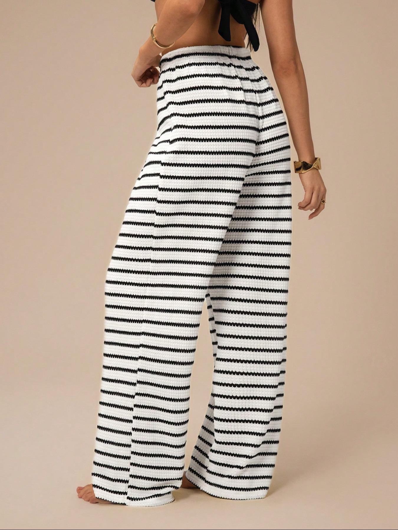 Women’s Black and White Striped Knit Wide-Leg Pants High-Waist Loose Drawstring Casual Trousers Comfortable Everyday Wear (S-XL)