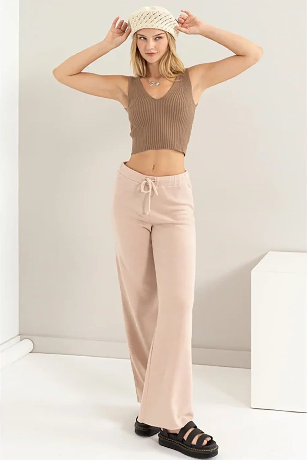 Wide Leg Drawstring Flow Pants – High Waist