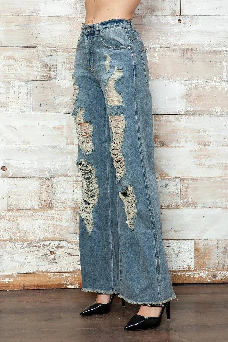 High Waisted Heavily Distressed Wide Leg Denim Jeans
