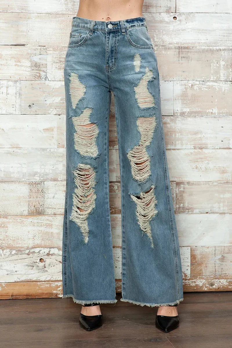 High Waisted Heavily Distressed Wide Leg Denim Jeans