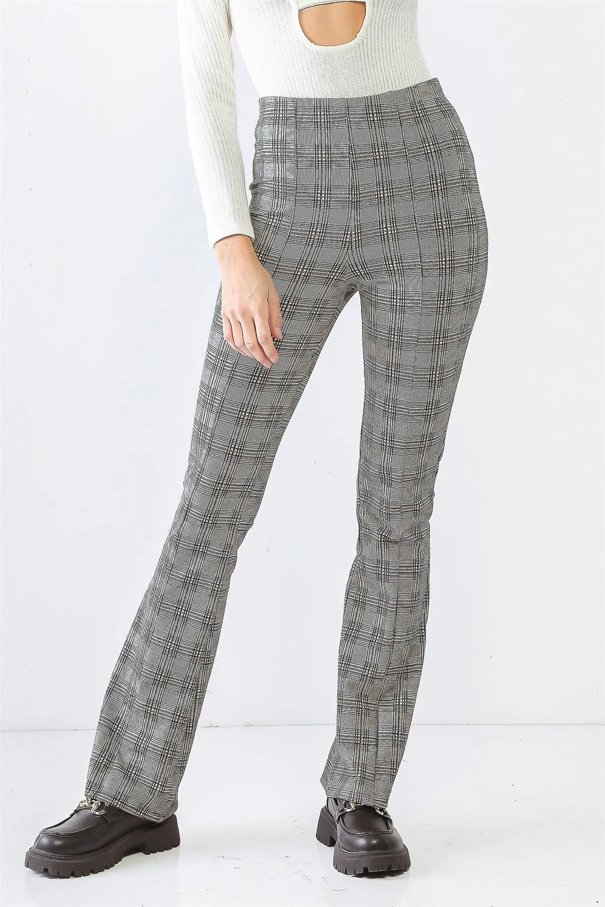 White & Black Plaid High Waist Pants