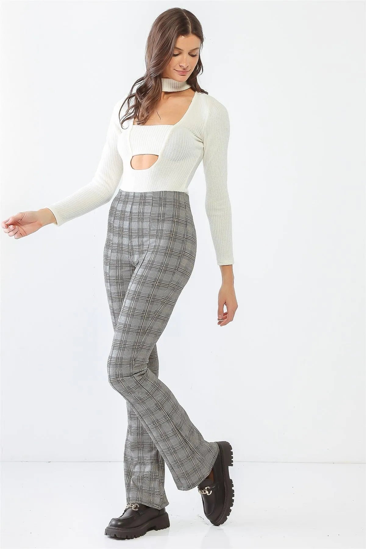 White & Black Plaid High Waist Pants
