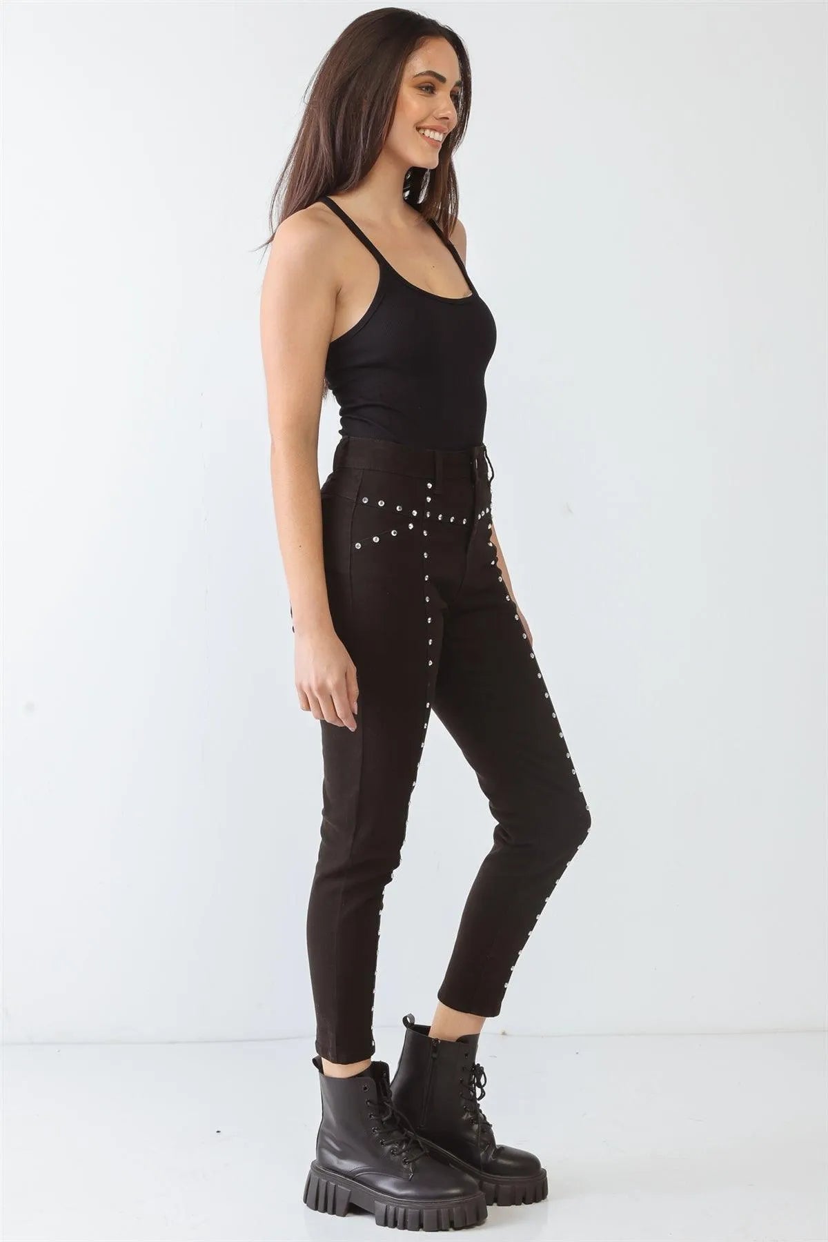 Studded Skinny High Rise Pants with Pockets