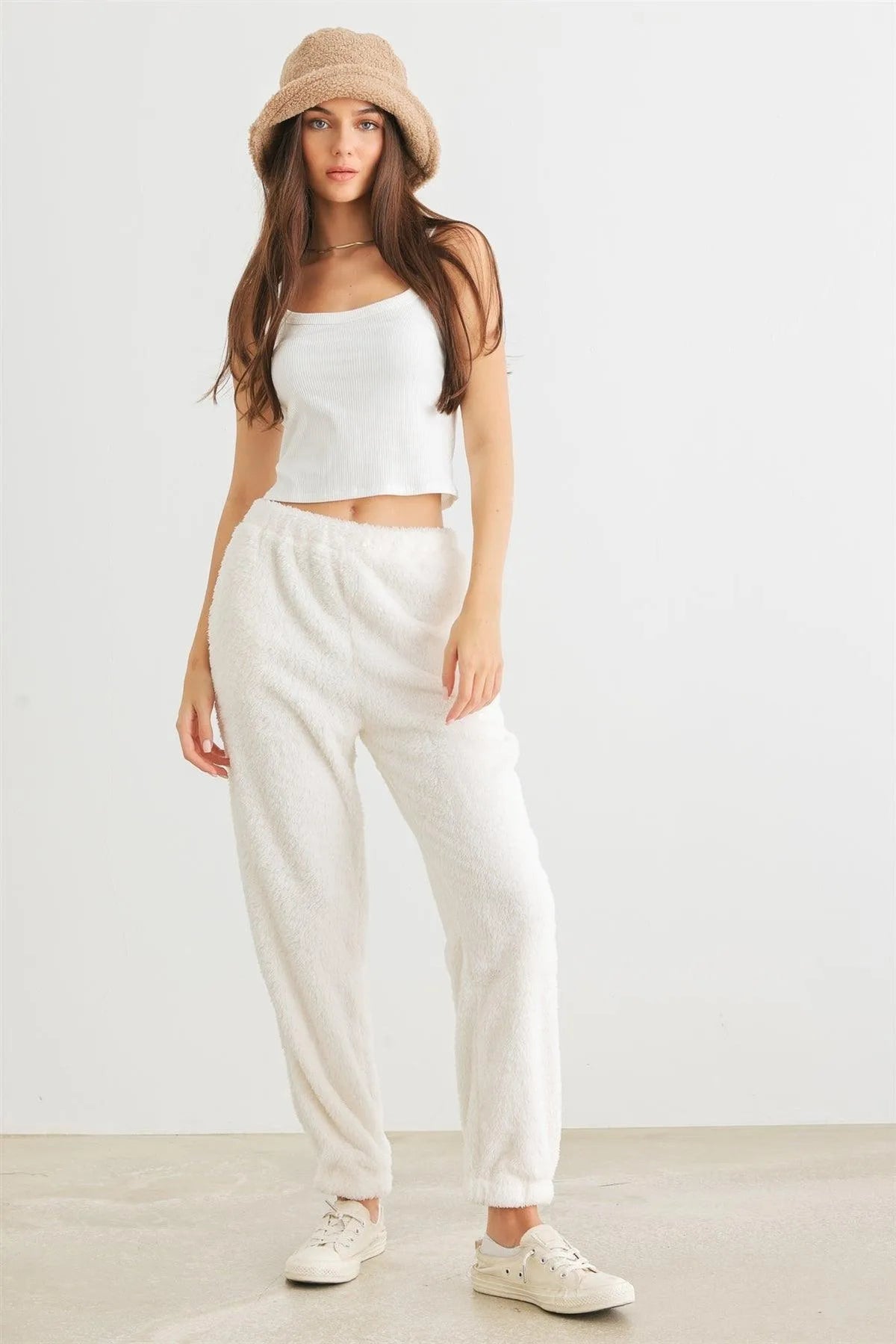 Ivory Knit High Waist Pants with Pockets