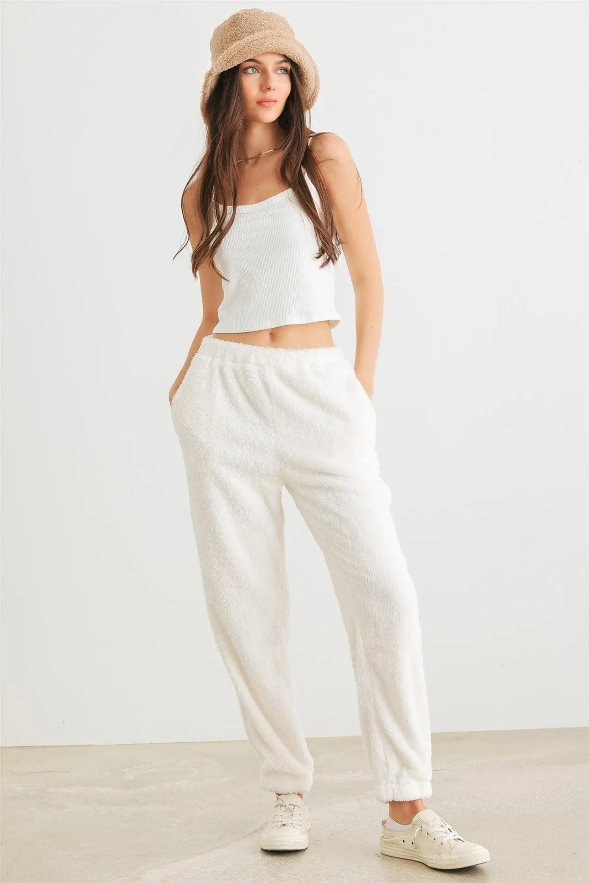 Ivory Knit High Waist Pants with Pockets