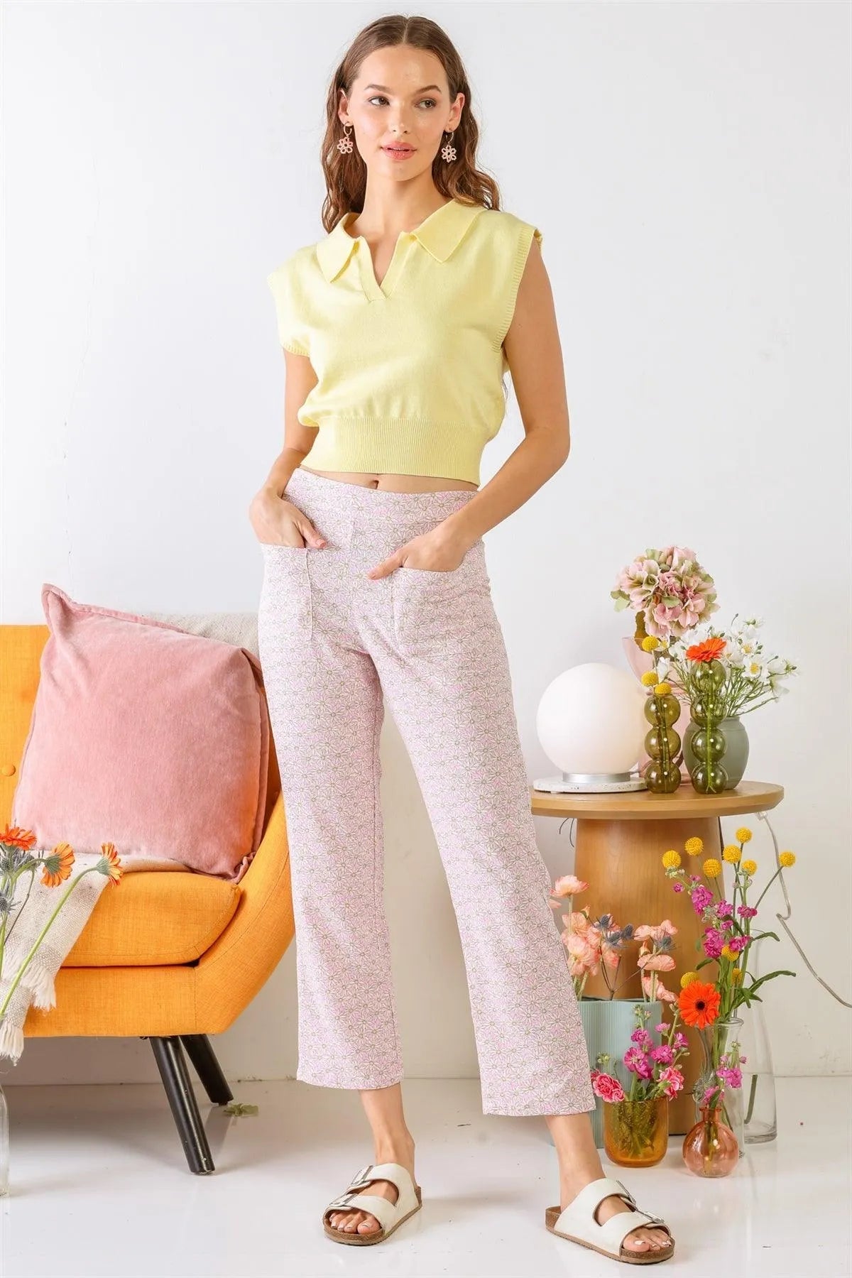 Pink & Cream Chamomile Print High Waist Pants