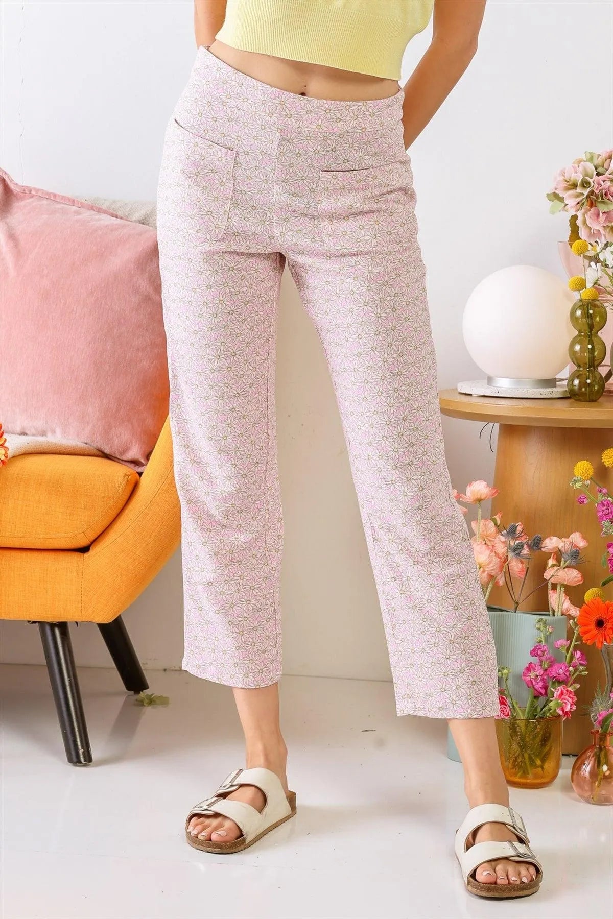 Pink & Cream Chamomile Print High Waist Pants