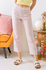 Pink & Cream Chamomile Print High Waist Pants