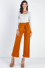 Rust Textured Culotte Pants with Self Tie Belt