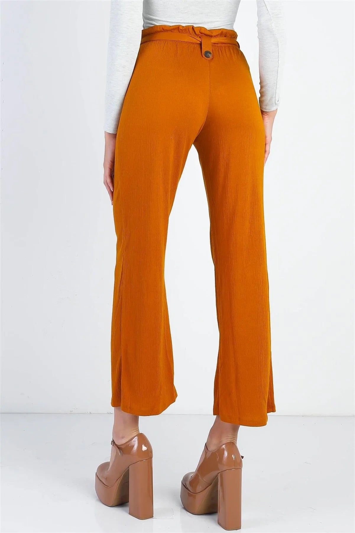 Rust Textured Culotte Pants with Self Tie Belt