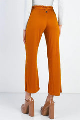 Rust Textured Culotte Pants with Self Tie Belt