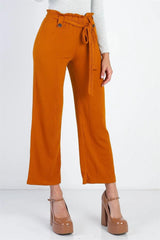 Rust Textured Culotte Pants with Self Tie Belt