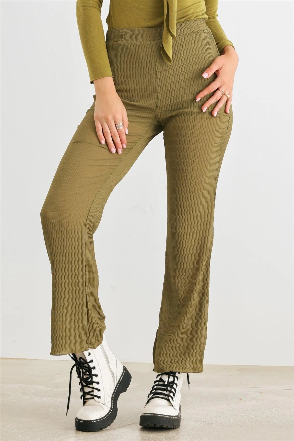 Light Olive High Waist Plisse Pants with Lettuce Hem
