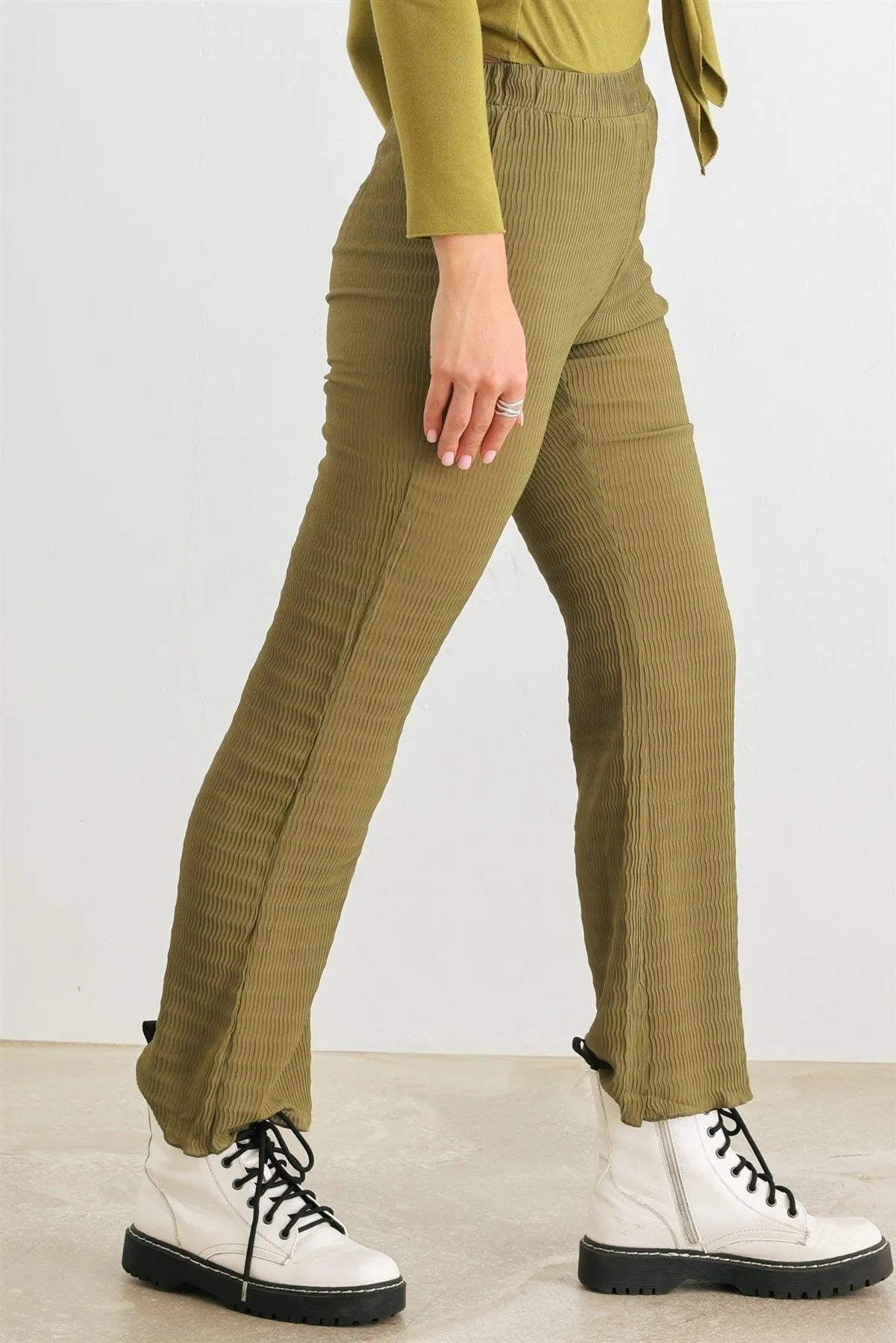Light Olive High Waist Plisse Pants with Lettuce Hem