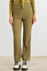 Light Olive High Waist Plisse Pants with Lettuce Hem