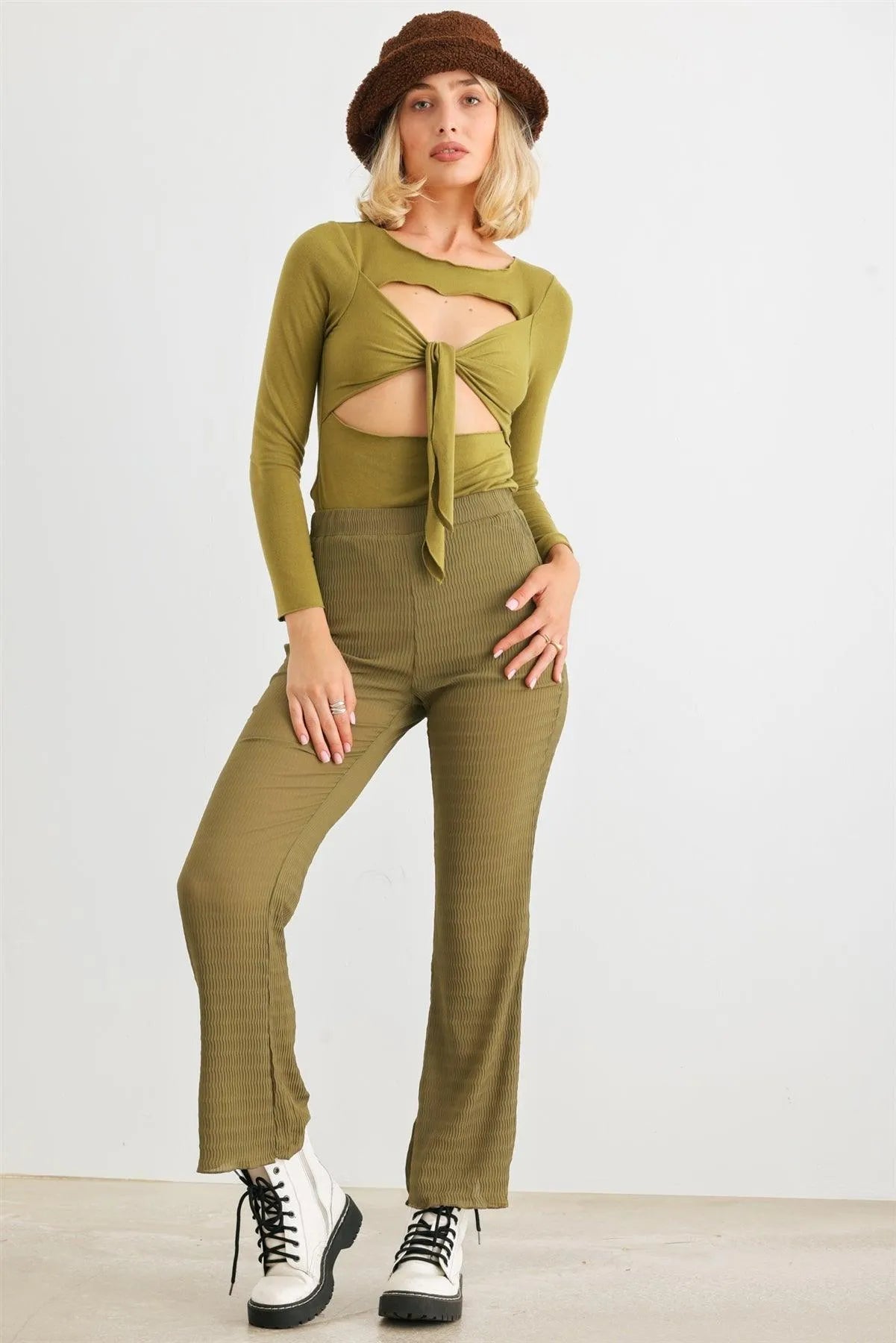 Light Olive High Waist Plisse Pants with Lettuce Hem
