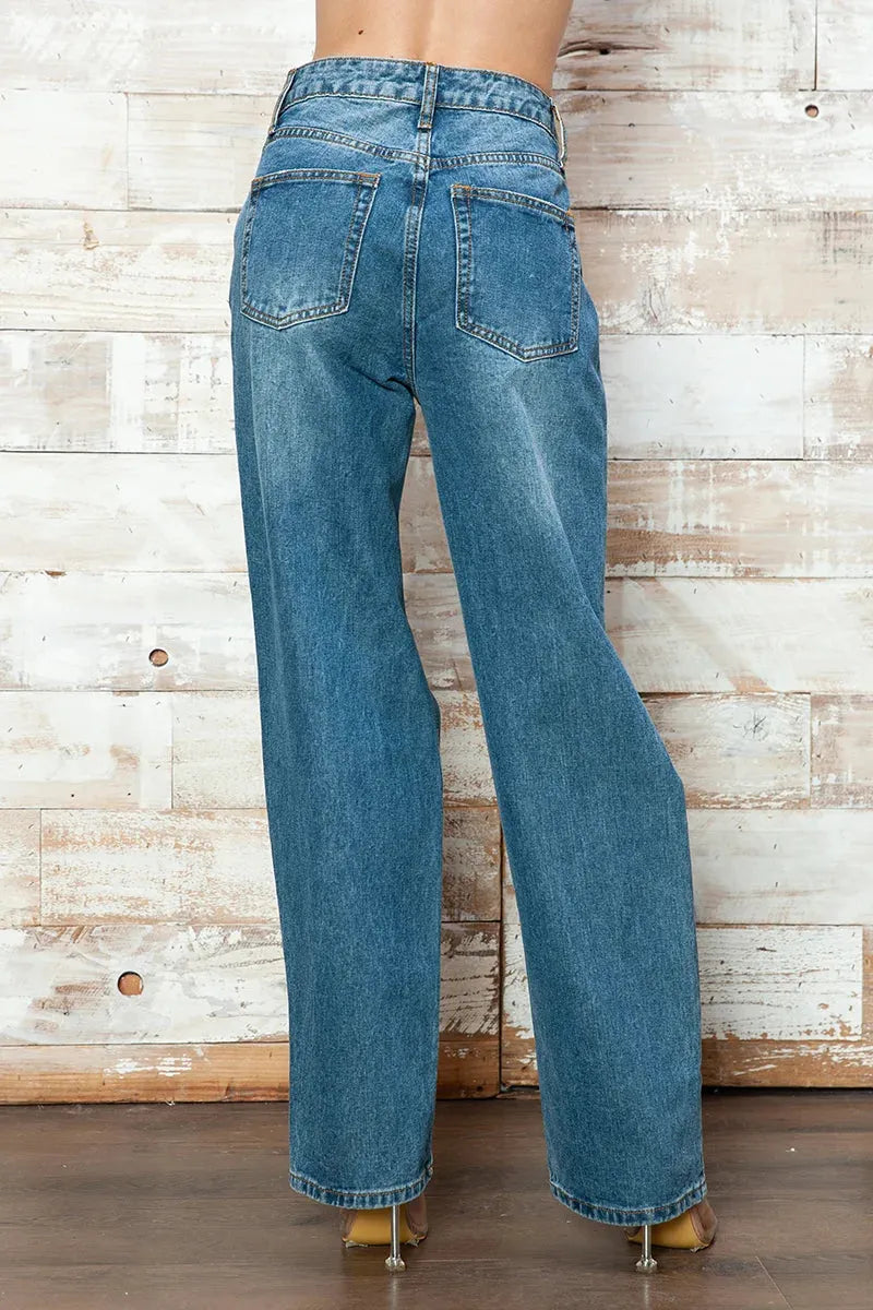 High Waisted Distressed Knee Ripped Wide Leg Denim Jeans