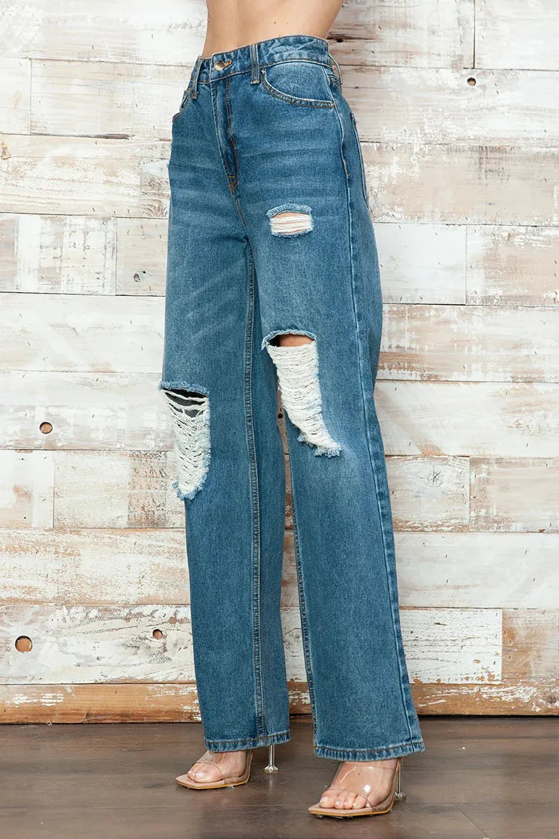 High Waisted Distressed Knee Ripped Wide Leg Denim Jeans