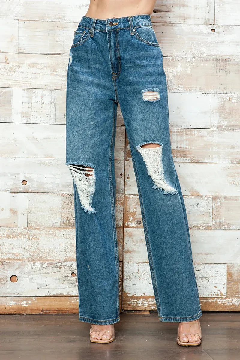 High Waisted Distressed Knee Ripped Wide Leg Denim Jeans