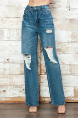 High Waisted Distressed Knee Ripped Wide Leg Denim Jeans