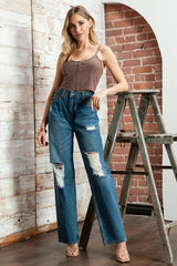 High Waisted Distressed Knee Ripped Wide Leg Denim Jeans