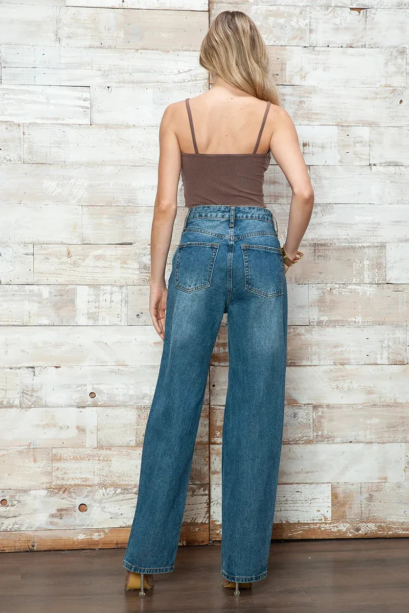 High Waisted Distressed Knee Ripped Wide Leg Denim Jeans