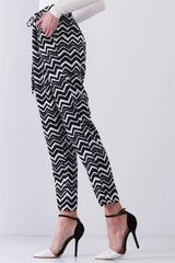 Black Zigzag Print High Waist Pegged Pants