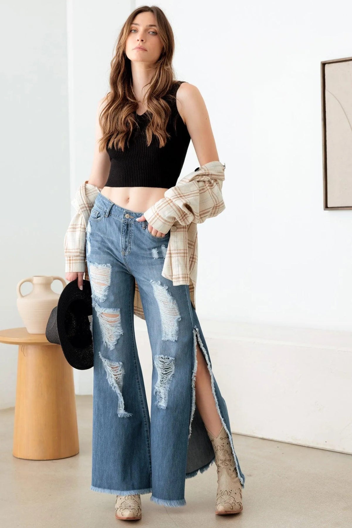 Blue Wide Leg Destroyed Jeans with Side Slit