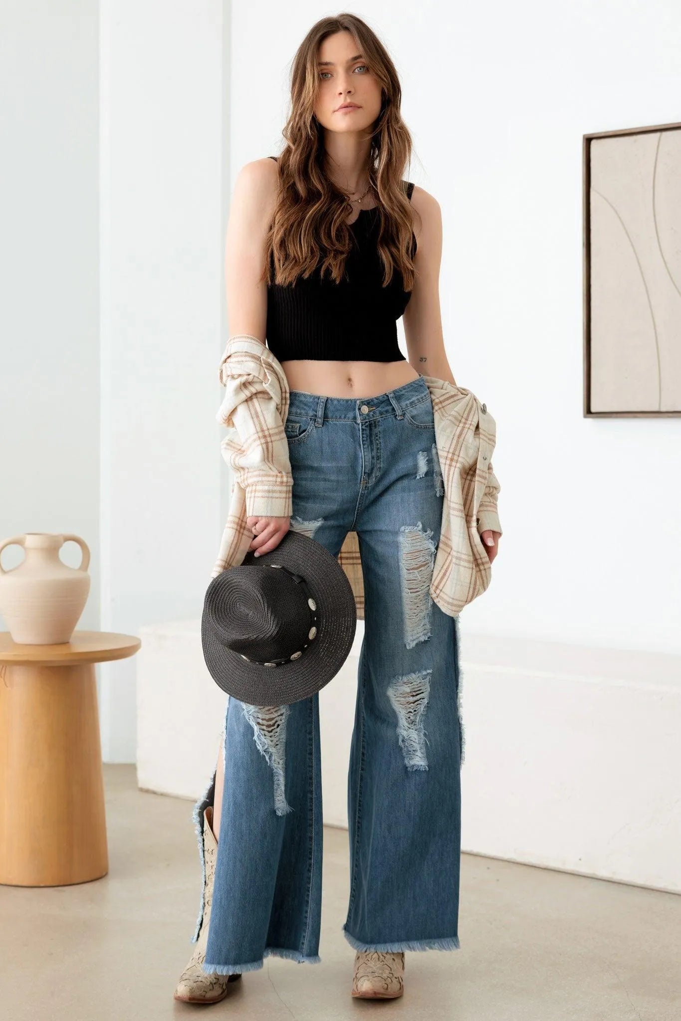 Blue Wide Leg Destroyed Jeans with Side Slit