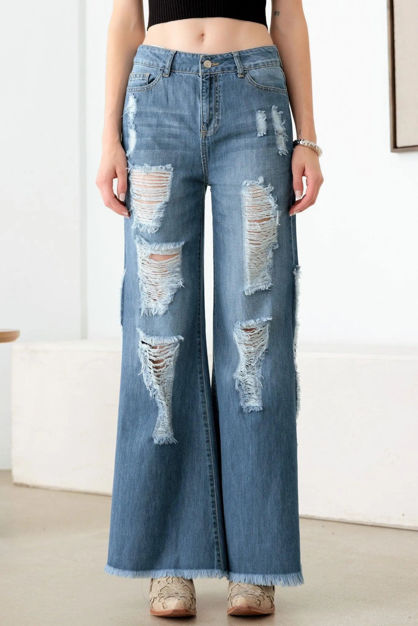Blue Wide Leg Destroyed Jeans with Side Slit