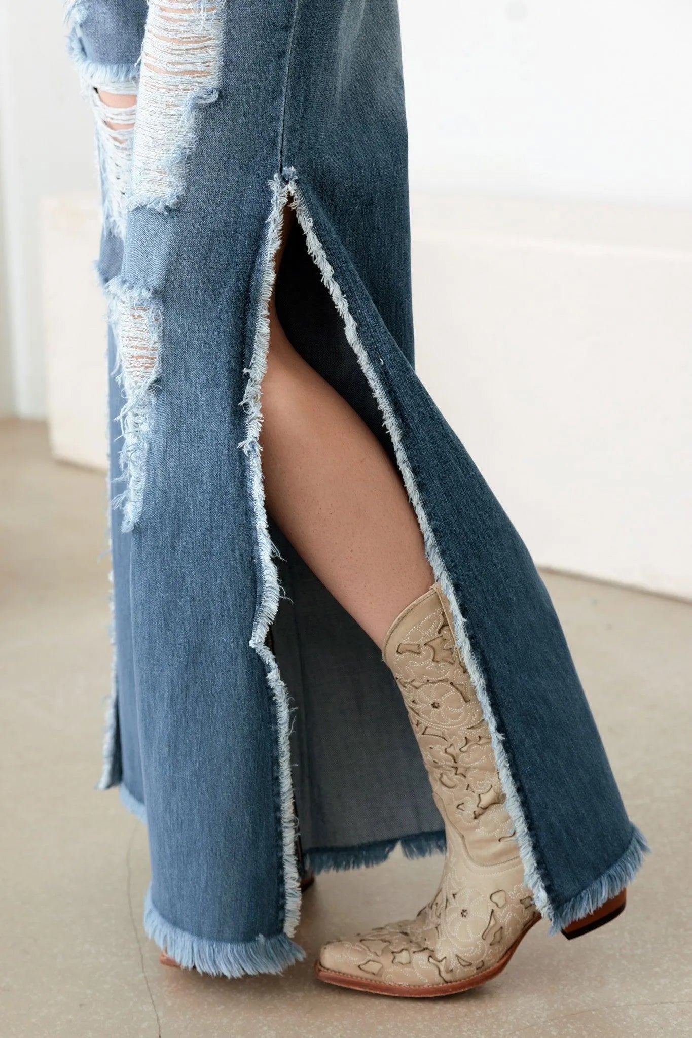 Blue Wide Leg Destroyed Jeans with Side Slit