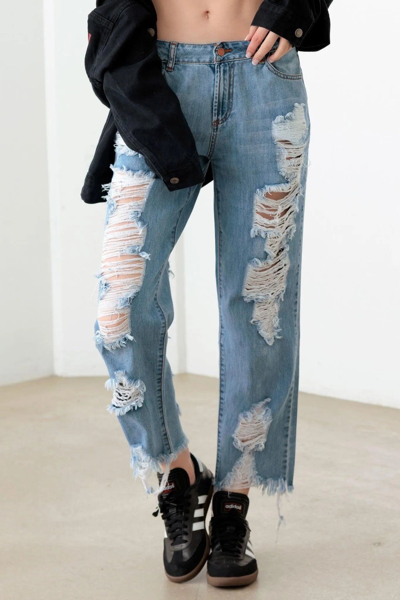 Blue Distressed Straight Jeans – Front & Back Detail