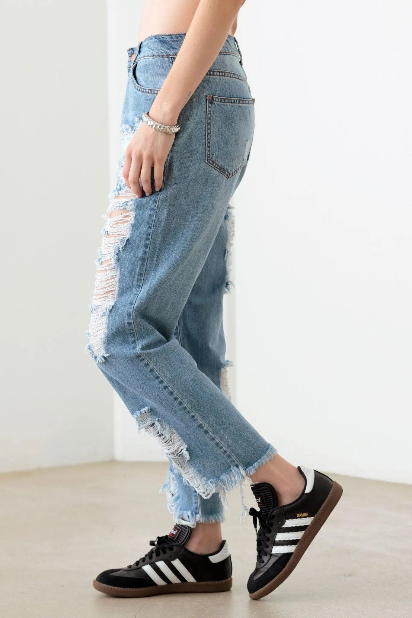 Blue Distressed Straight Jeans – Front & Back Detail